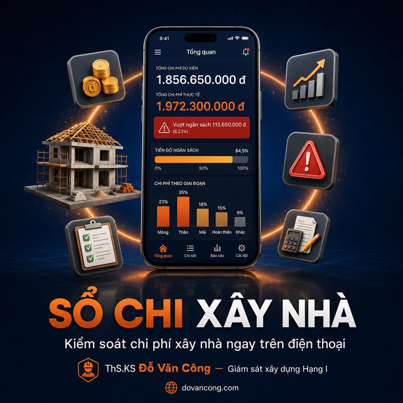 App SỔ CHI XÂY NHÀ trên điện thoại — màn hình tổng quan chi phí